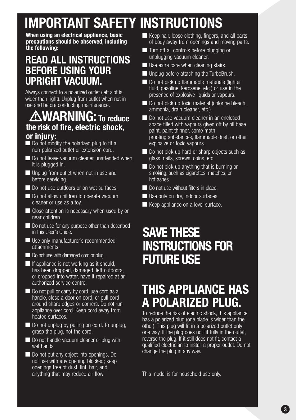 Important safety instructions, Warning, Save these instructions for future use | This appliance has a polarized plug | Bissell 6850 SERIES User Manual | Page 3 / 16