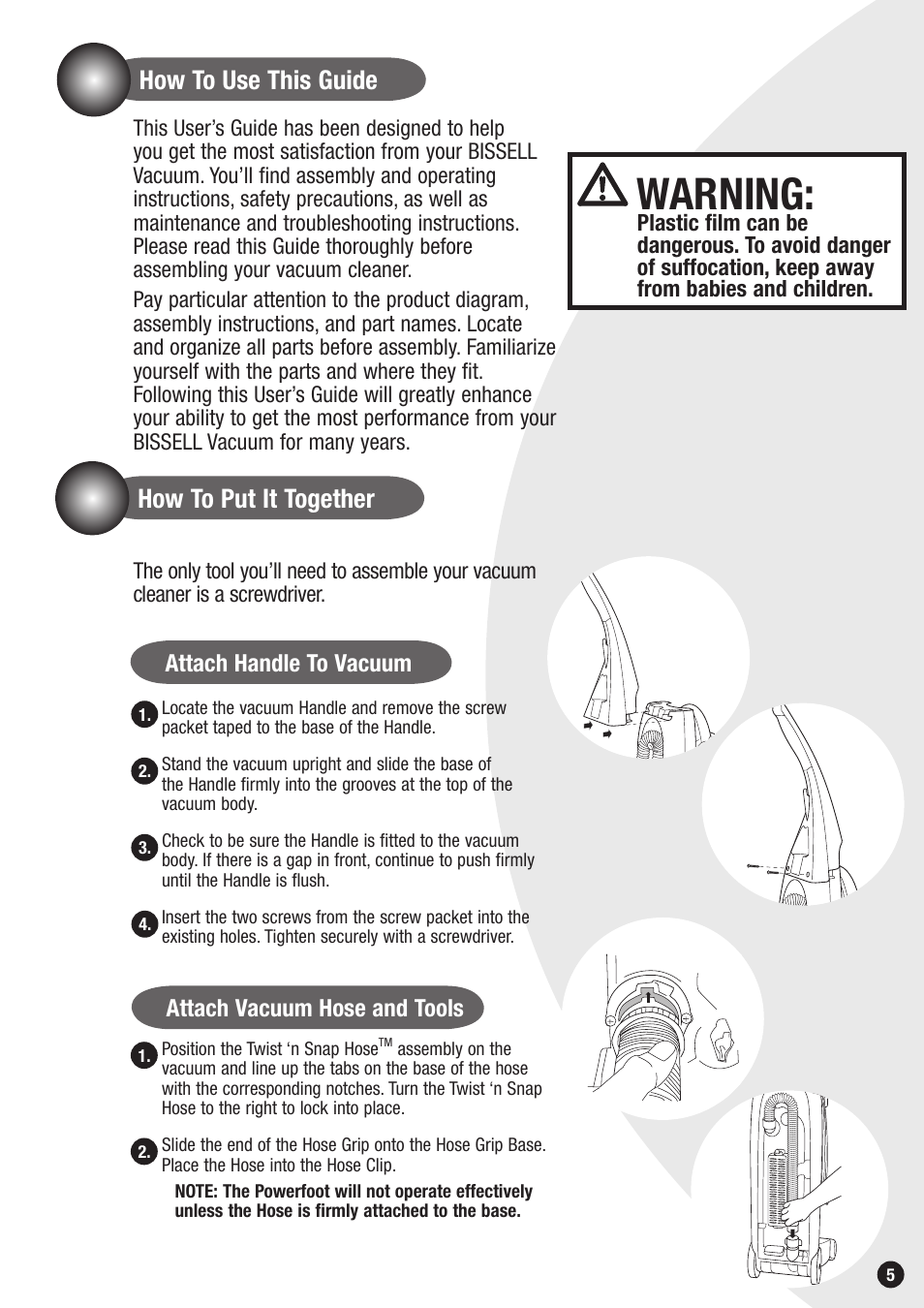Warning, How to use this guide, How to put it together | Bissell 6850 SERIES User Manual | Page 5 / 16