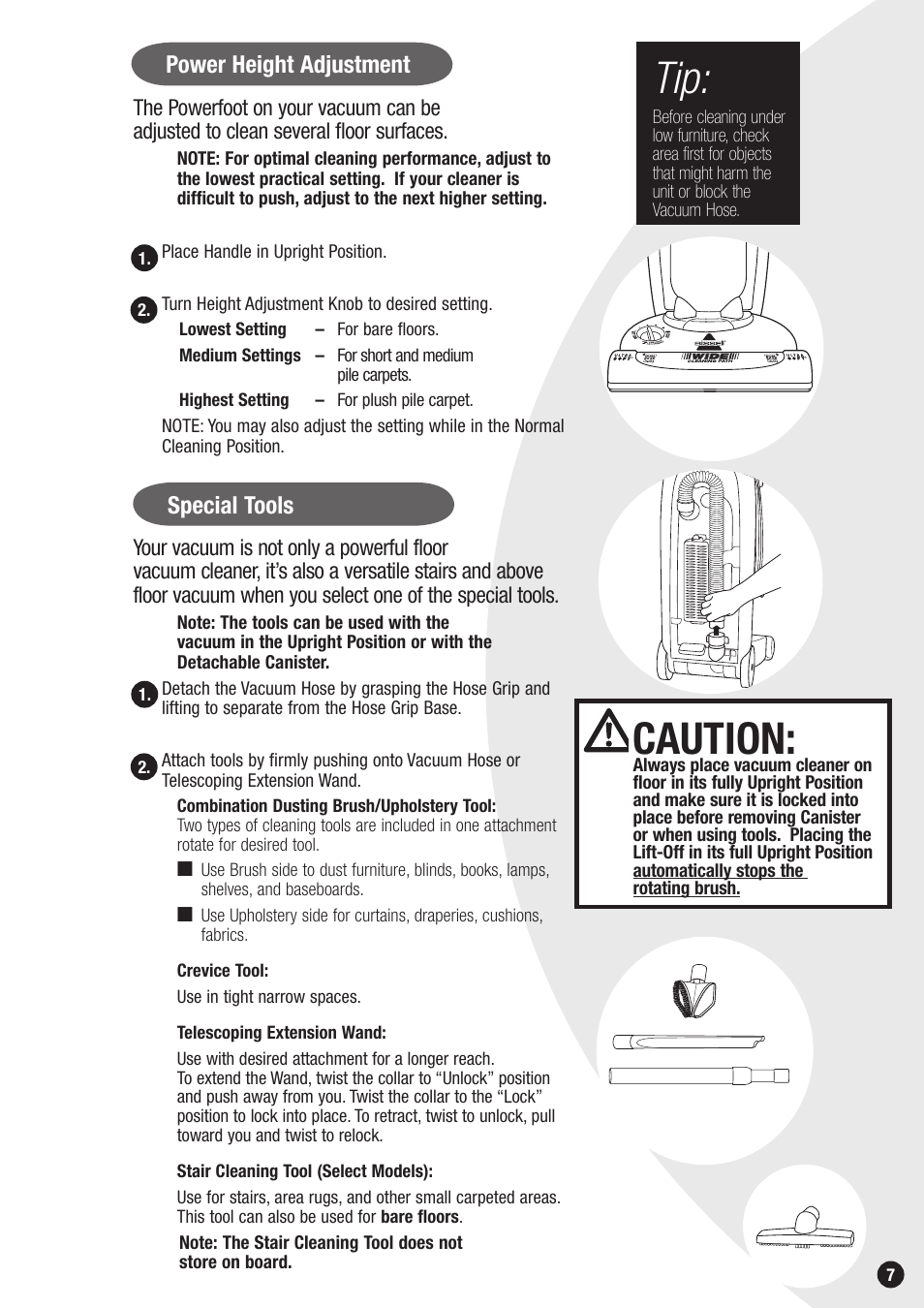 Caution, Power height adjustment, Special tools | Bissell 6850 SERIES User Manual | Page 7 / 16