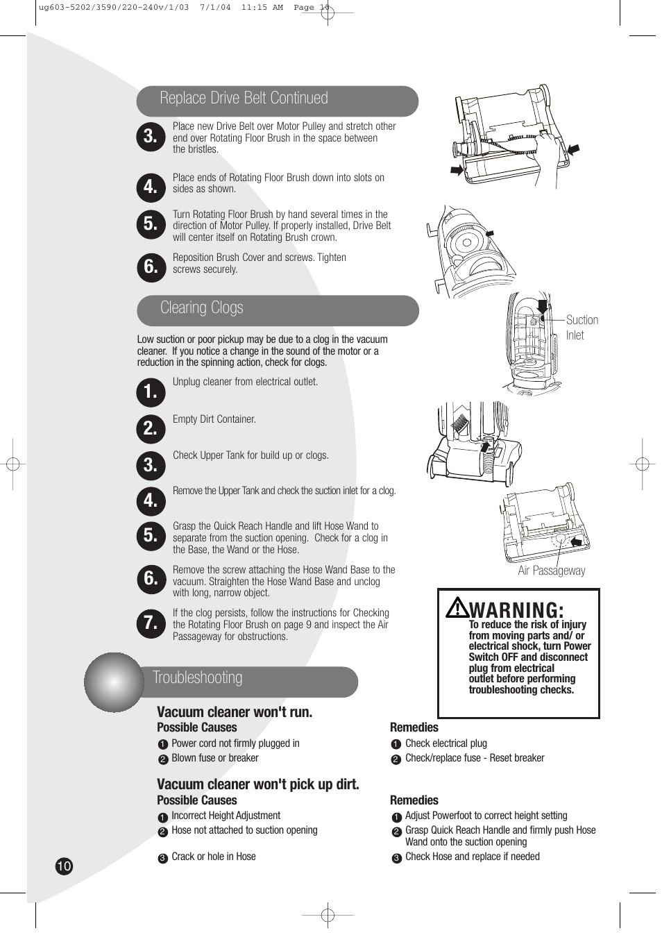 Warning, Clearing clogs replace drive belt continued, Troubleshooting | Bissell 3590 User Manual | Page 10 / 12