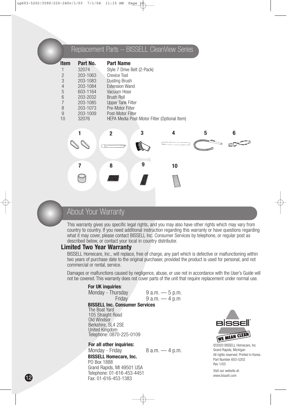 About your warranty, Replacement parts – bissell cleanview series, Limited two year warranty | Bissell 3590 User Manual | Page 12 / 12