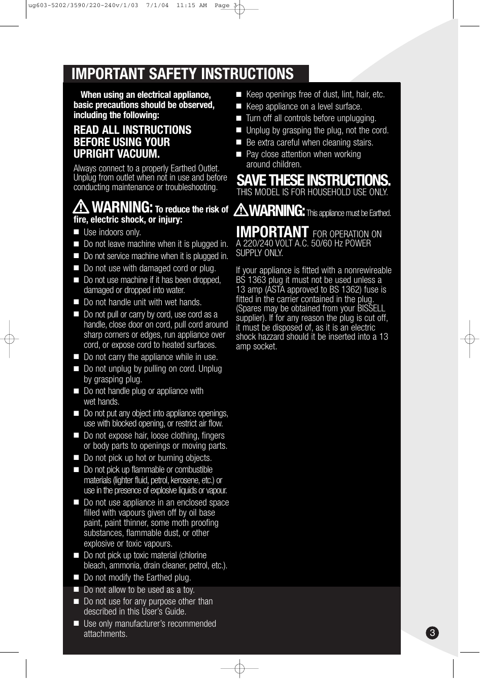 Important safety instructions, Save these instructions, Warning | Important | Bissell 3590 User Manual | Page 3 / 12
