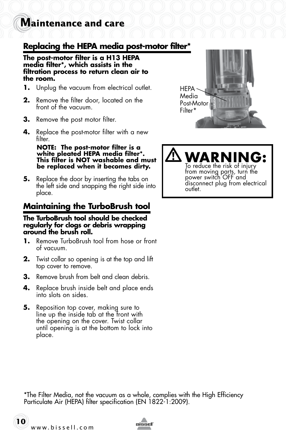 Warning, Aintenance and care, Maintaining the turbobrush tool | Replacing the hepa media post-motor filter | Bissell CLEAN VIEW 74T5 User Manual | Page 10 / 16