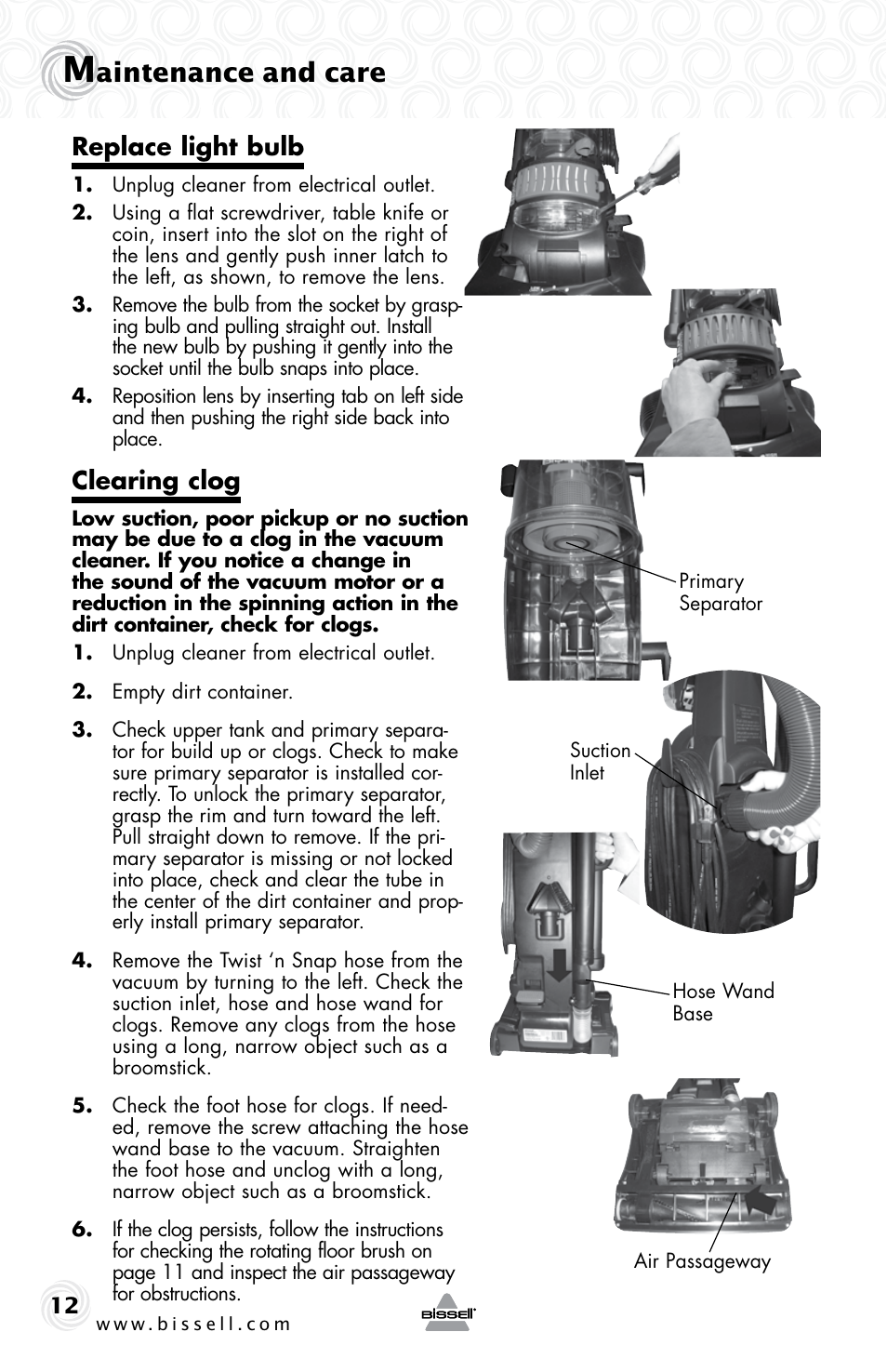 Aintenance and care, Replace light bulb, Clearing clog | Bissell CLEAN VIEW 74T5 User Manual | Page 12 / 16