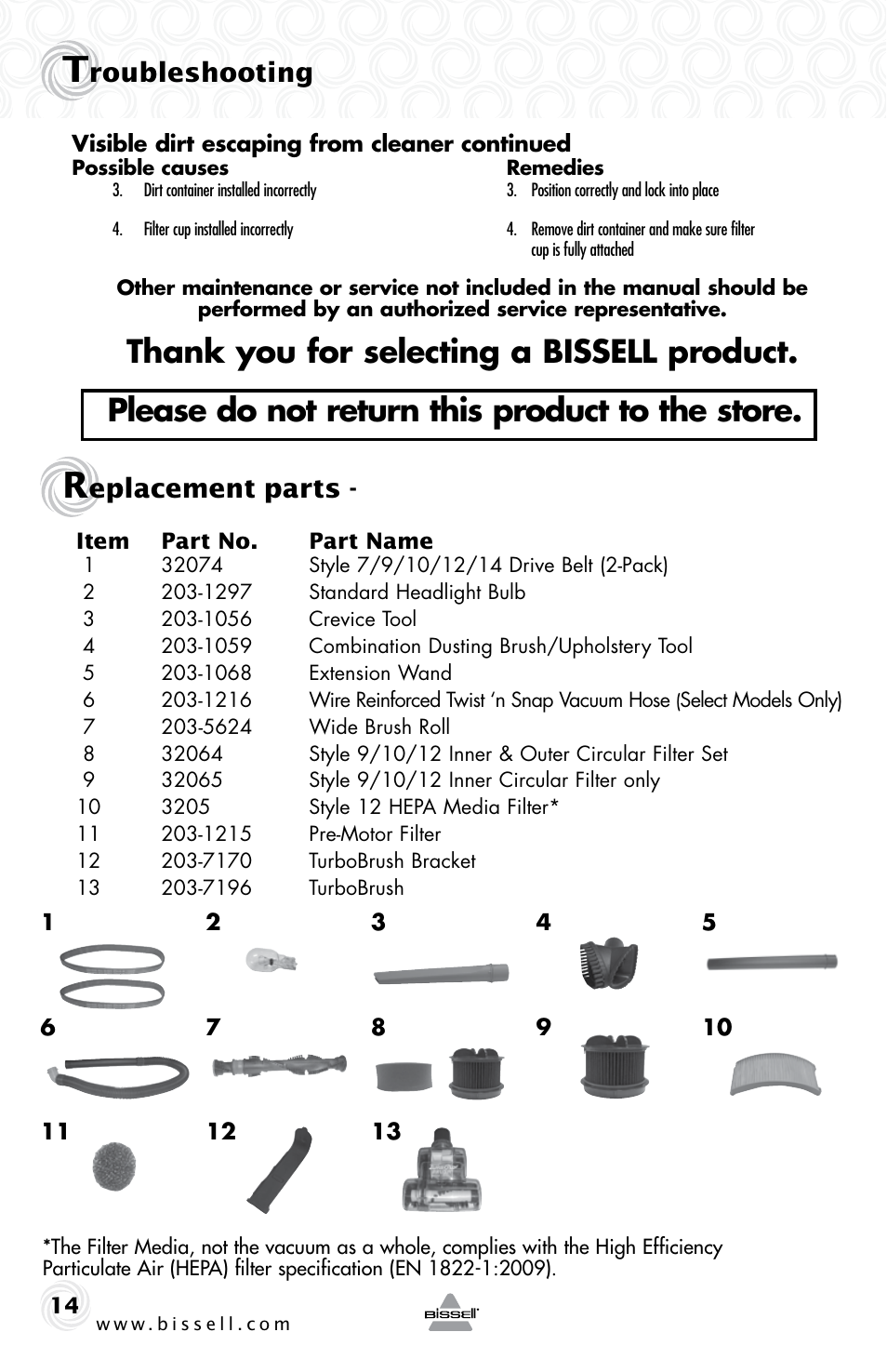 Roubleshooting, Eplacement parts | Bissell CLEAN VIEW 74T5 User Manual | Page 14 / 16