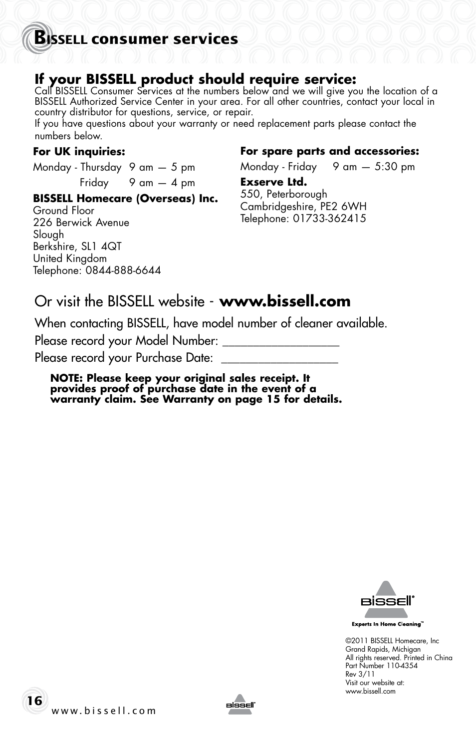 Consumer services, If your bissell product should require service, Issell | Bissell CLEAN VIEW 74T5 User Manual | Page 16 / 16