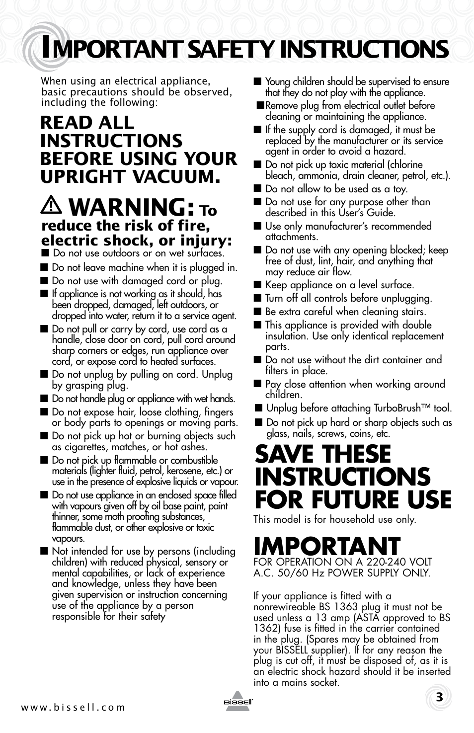 Mportant safety instructions, Warning, Save these instructions for future use | Important | Bissell CLEAN VIEW 74T5 User Manual | Page 3 / 16