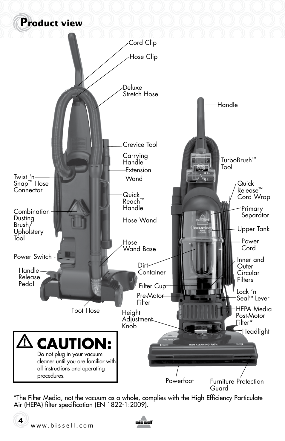 Caution, Roduct view | Bissell CLEAN VIEW 74T5 User Manual | Page 4 / 16