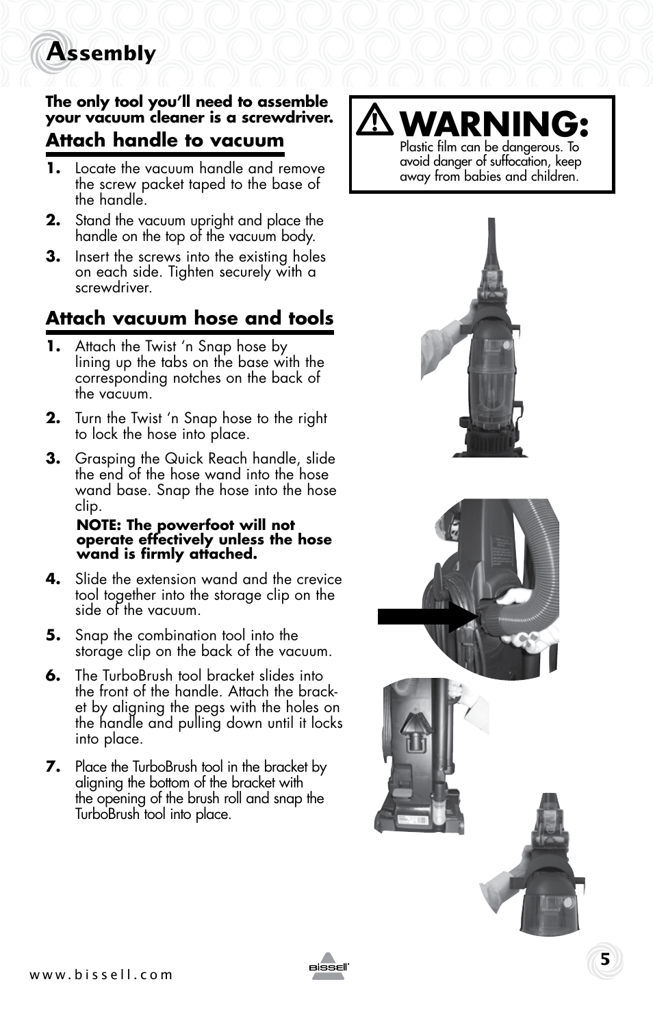 Warning, Ssembly, Attach handle to vacuum | Attach vacuum hose and tools | Bissell CLEAN VIEW 74T5 User Manual | Page 5 / 16