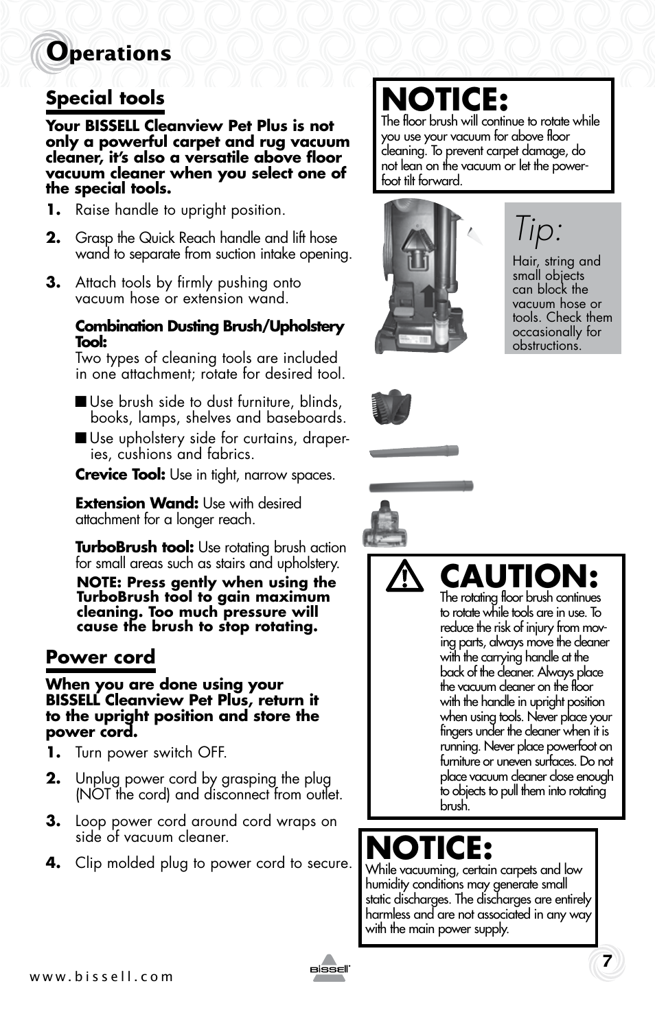 Notice, Caution, Perations | Special tools, Power cord | Bissell CLEAN VIEW 74T5 User Manual | Page 7 / 16