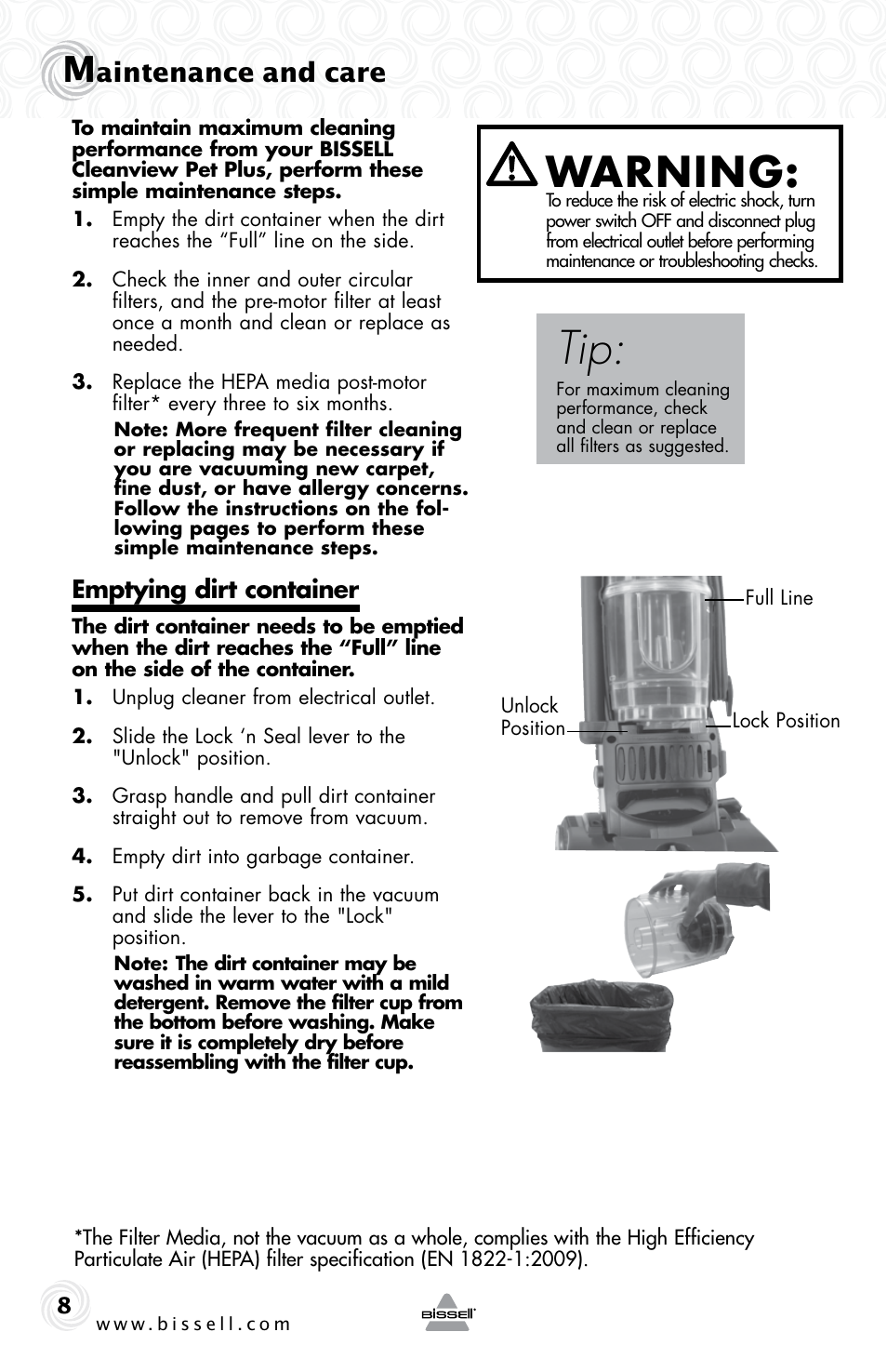 Warning, Aintenance and care, Emptying dirt container | Bissell CLEAN VIEW 74T5 User Manual | Page 8 / 16