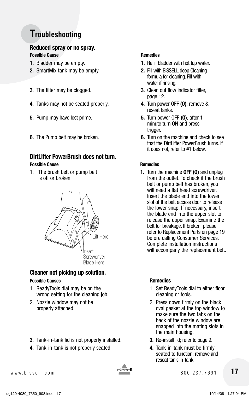 Roubleshooting | Bissell 8910 User Manual | Page 17 / 20