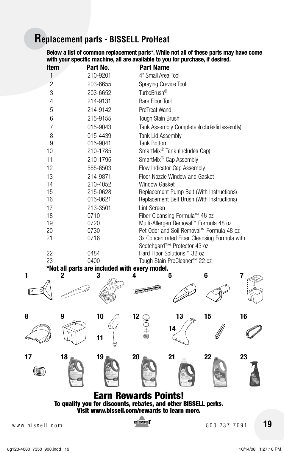 Earn rewards points, Eplacement parts - bissell proheat | Bissell 8910 User Manual | Page 19 / 20