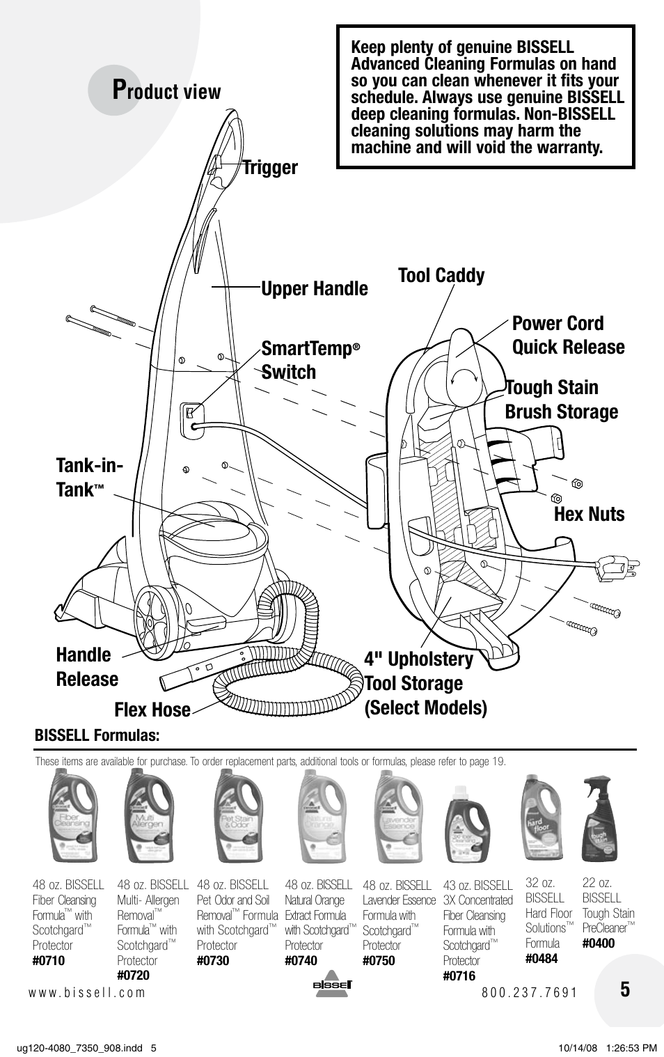 Trigger, Upper handle smarttemp, 4" upholstery tool storage (select models) | Roduct view, Bissell formulas | Bissell 8910 User Manual | Page 5 / 20