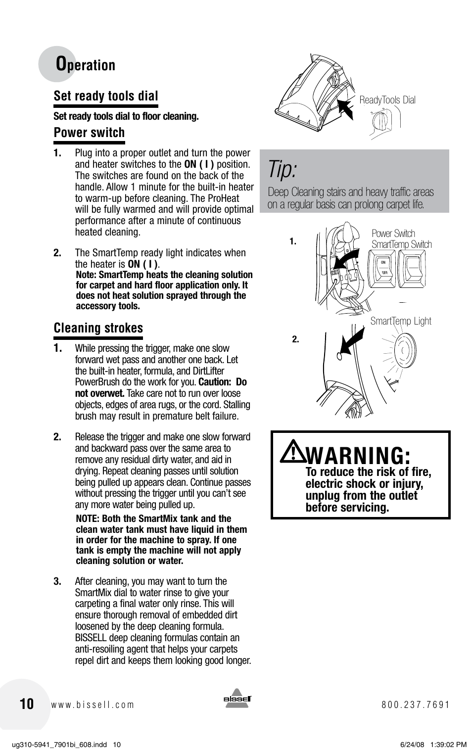 Warning, Peration, Set ready tools dial | Power switch, Cleaning strokes | Bissell 1699 Series User Manual | Page 10 / 20