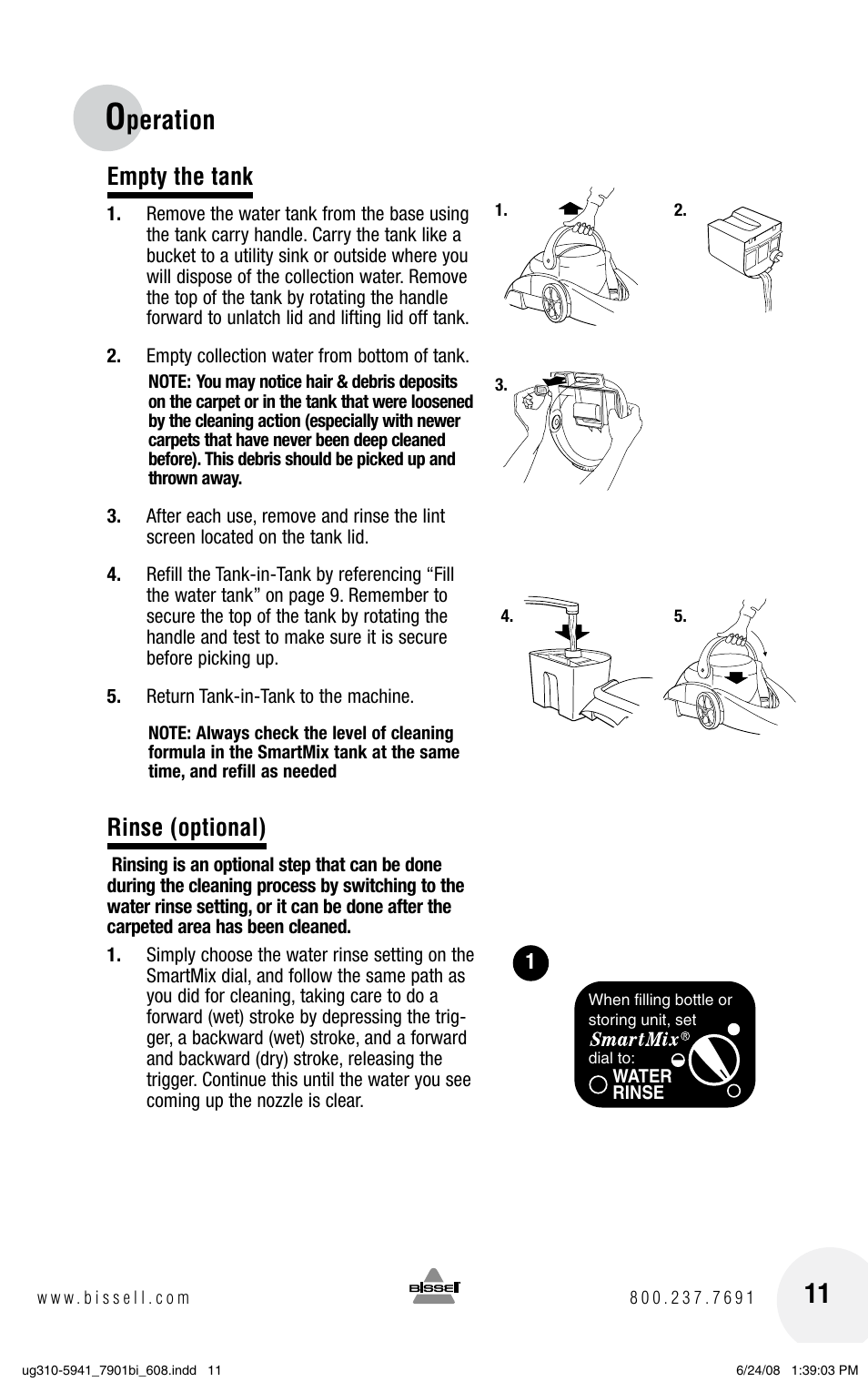 Peration, Empty the tank, Rinse (optional) | Bissell 1699 Series User Manual | Page 11 / 20