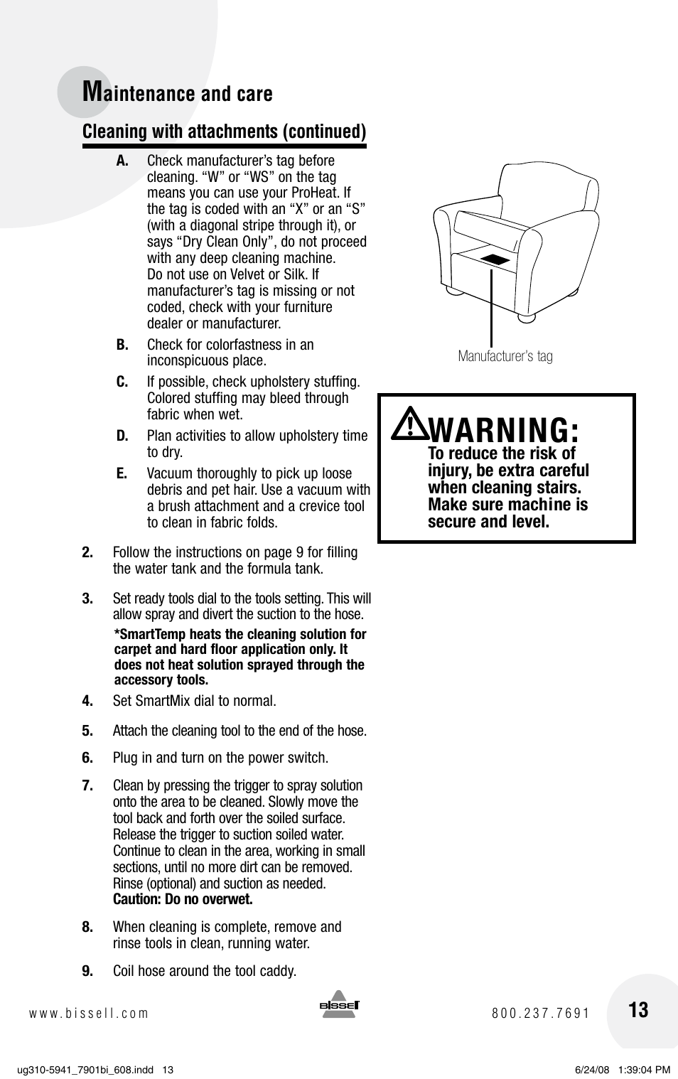 Warning, Aintenance and care, Cleaning with attachments (continued) | Bissell 1699 Series User Manual | Page 13 / 20