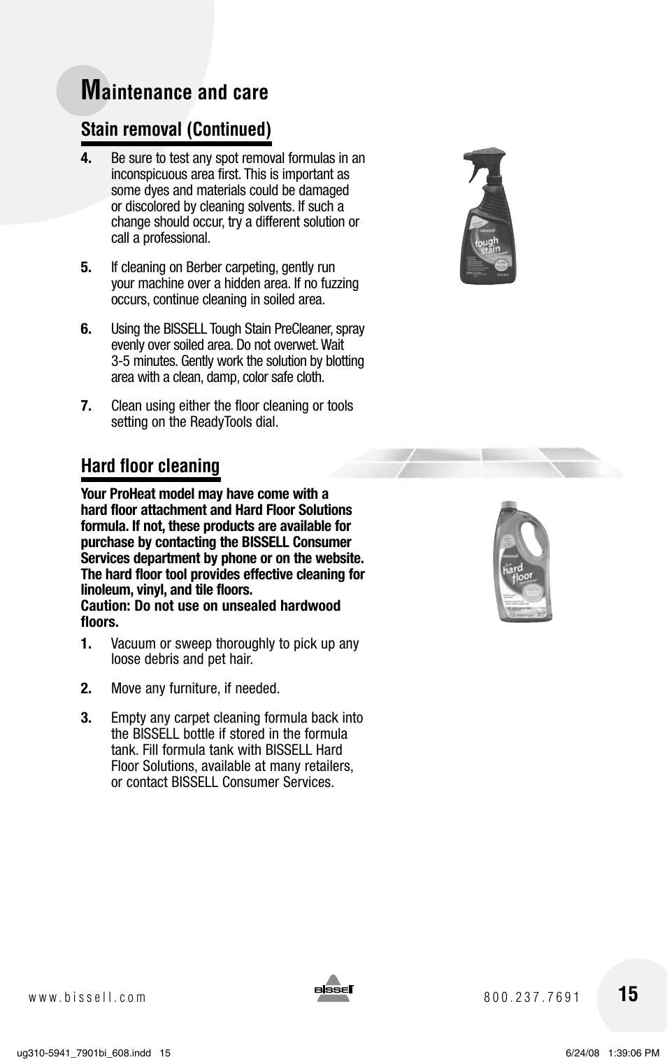 Aintenance and care, Stain removal (continued), Hard floor cleaning | Bissell 1699 Series User Manual | Page 15 / 20