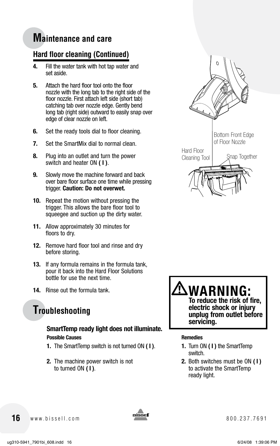 Warning, Aintenance and care, Roubleshooting | Hard floor cleaning (continued) | Bissell 1699 Series User Manual | Page 16 / 20