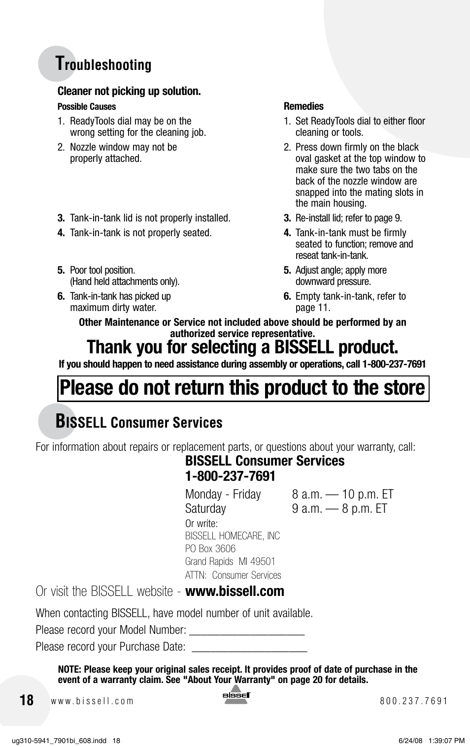 Please do not return this product to the store, Roubleshooting, Issell consumer services 18 | Bissell 1699 Series User Manual | Page 18 / 20
