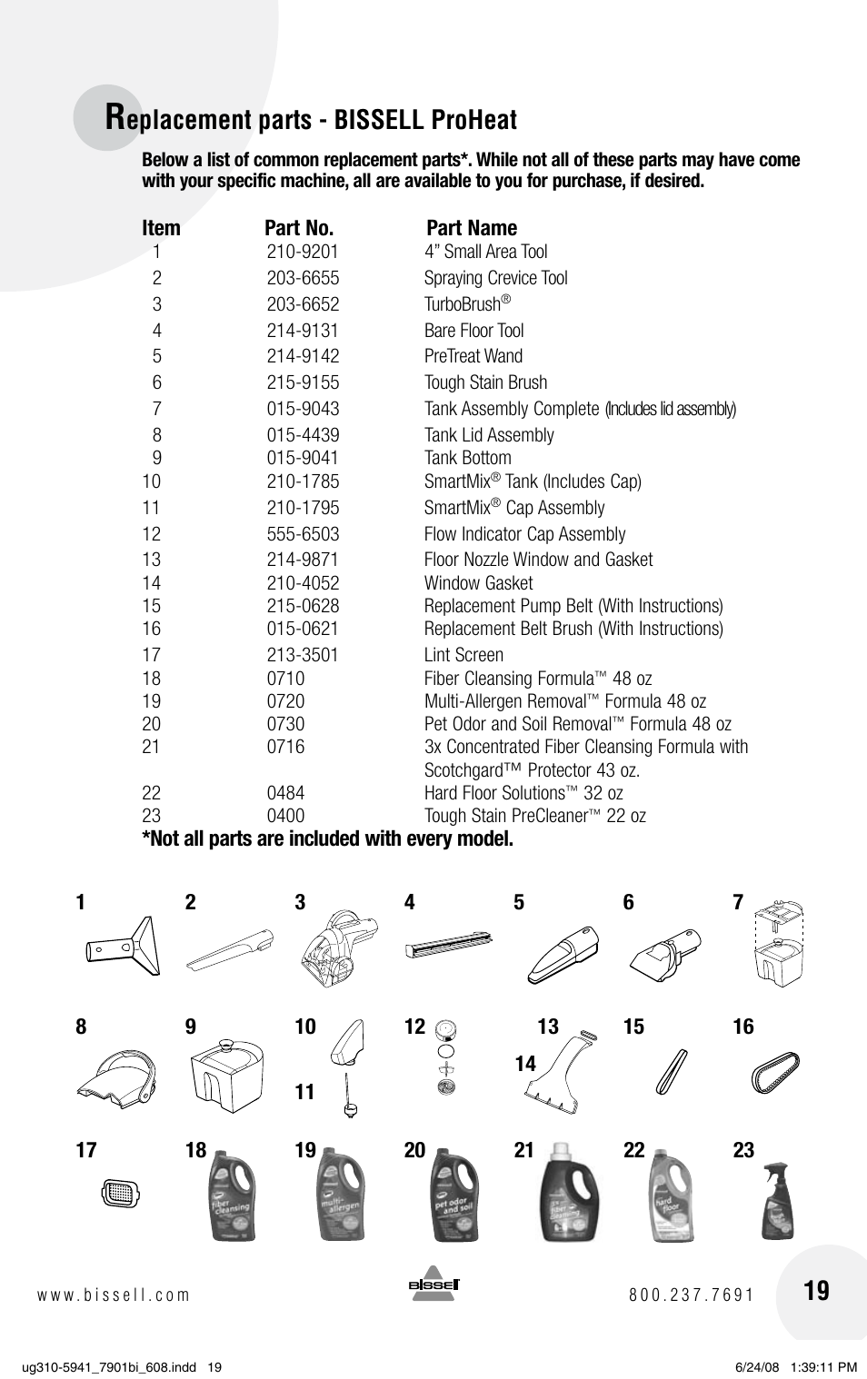 Eplacement parts - bissell proheat | Bissell 1699 Series User Manual | Page 19 / 20