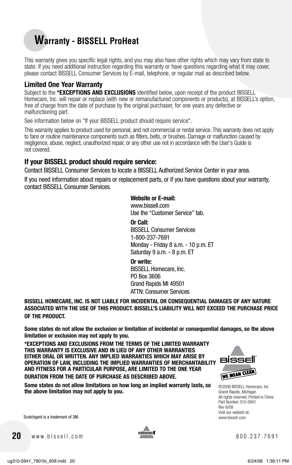 Arranty - bissell proheat | Bissell 1699 Series User Manual | Page 20 / 20