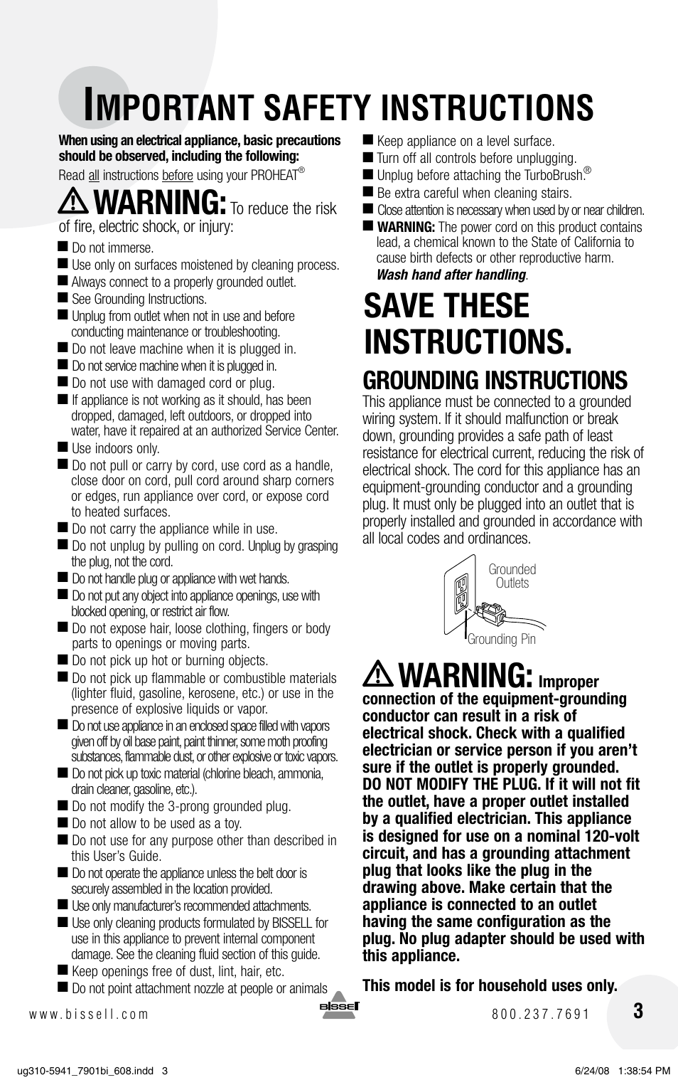 Mportant safety instructions, Warning, Save these instructions | Grounding instructions | Bissell 1699 Series User Manual | Page 3 / 20