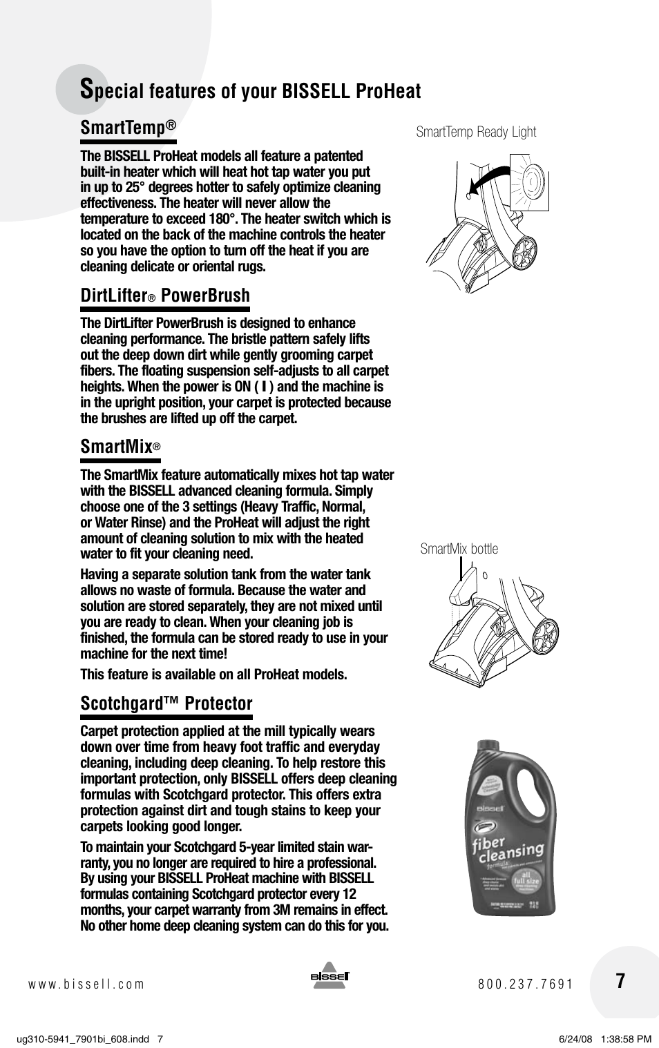Pecial features of your bissell proheat 7, Smarttemp, Dirtlifter | Powerbrush, Smartmix, Scotchgard™ protector | Bissell 1699 Series User Manual | Page 7 / 20