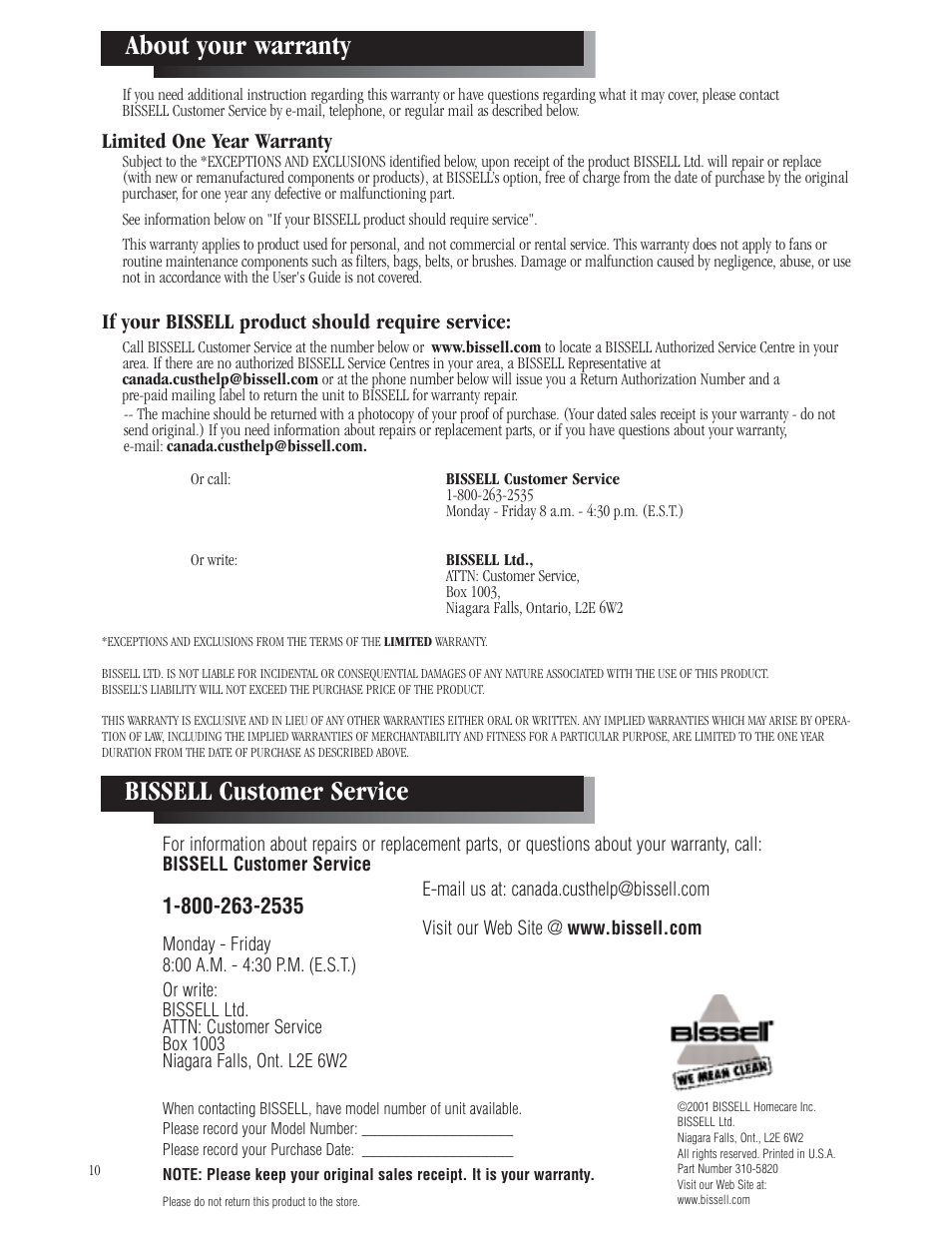 About your warranty, Bissell customer service | Bissell 3512-5 User Manual | Page 10 / 10