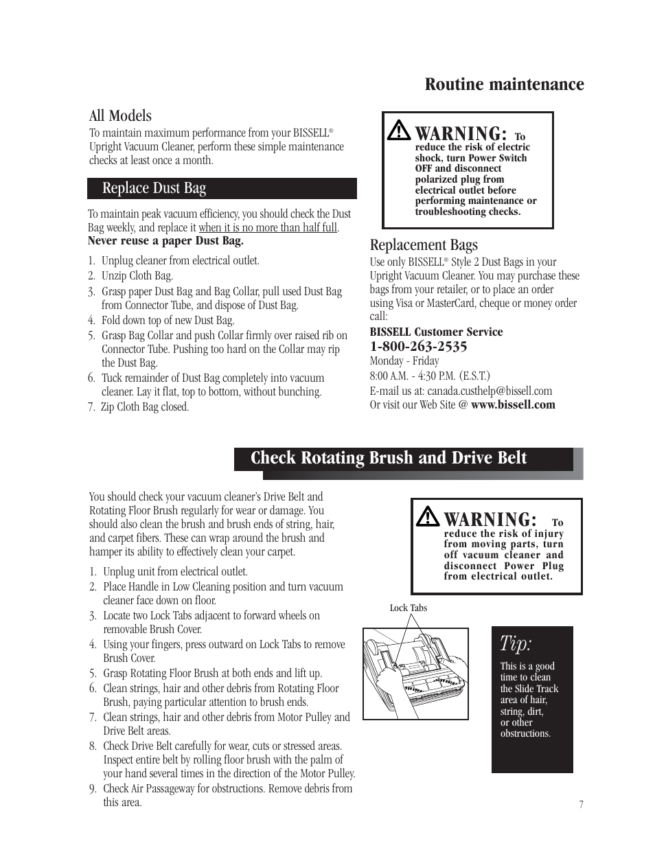 Warning, Routine maintenance, Check rotating brush and drive belt | All models, Replace dust bag, Replacement bags | Bissell 3512-5 User Manual | Page 7 / 10