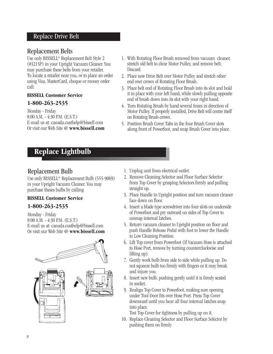 Replace lightbulb, Replace drive belt replacement belts, Replacement bulb | Bissell 3512-5 User Manual | Page 8 / 10