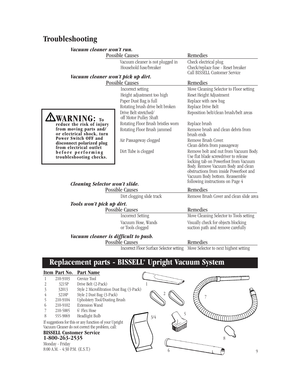Warning, Replacement parts - bissell, Upright vacuum system | Troubleshooting | Bissell 3512-5 User Manual | Page 9 / 10