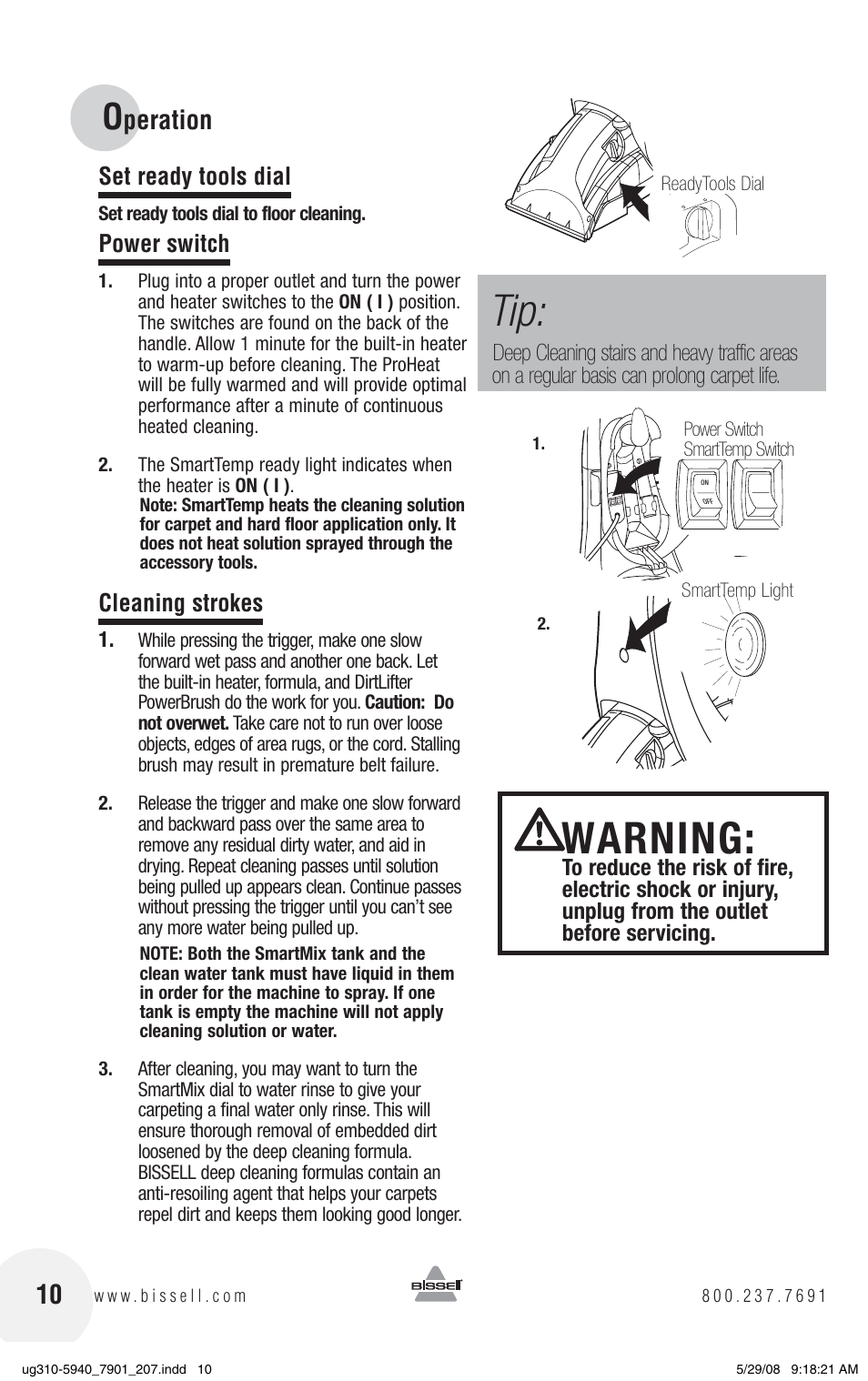 Warning, Peration, Set ready tools dial | Power switch, Cleaning strokes | Bissell 8910 User Manual | Page 10 / 20