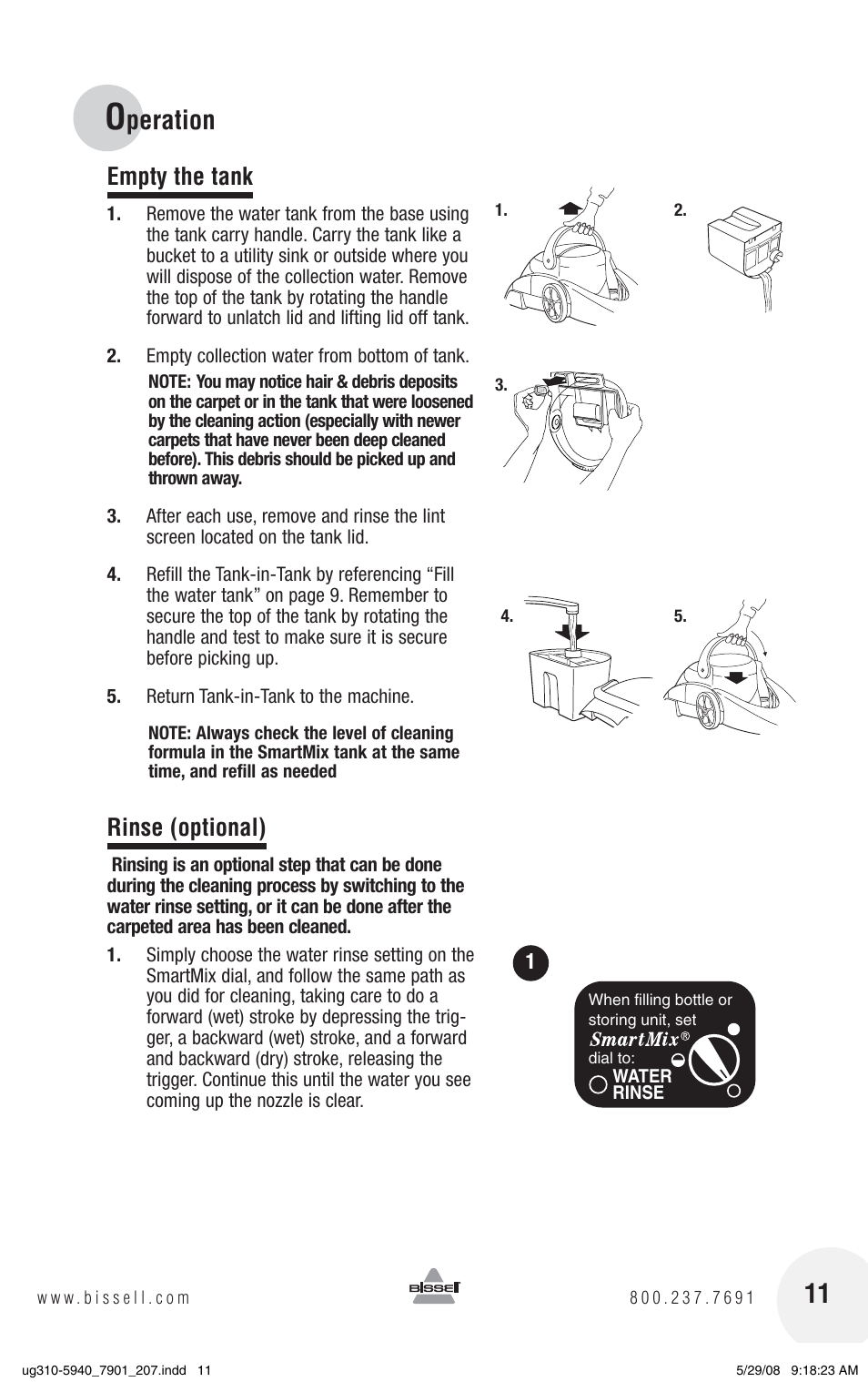 Peration, Empty the tank, Rinse (optional) | Bissell 8910 User Manual | Page 11 / 20