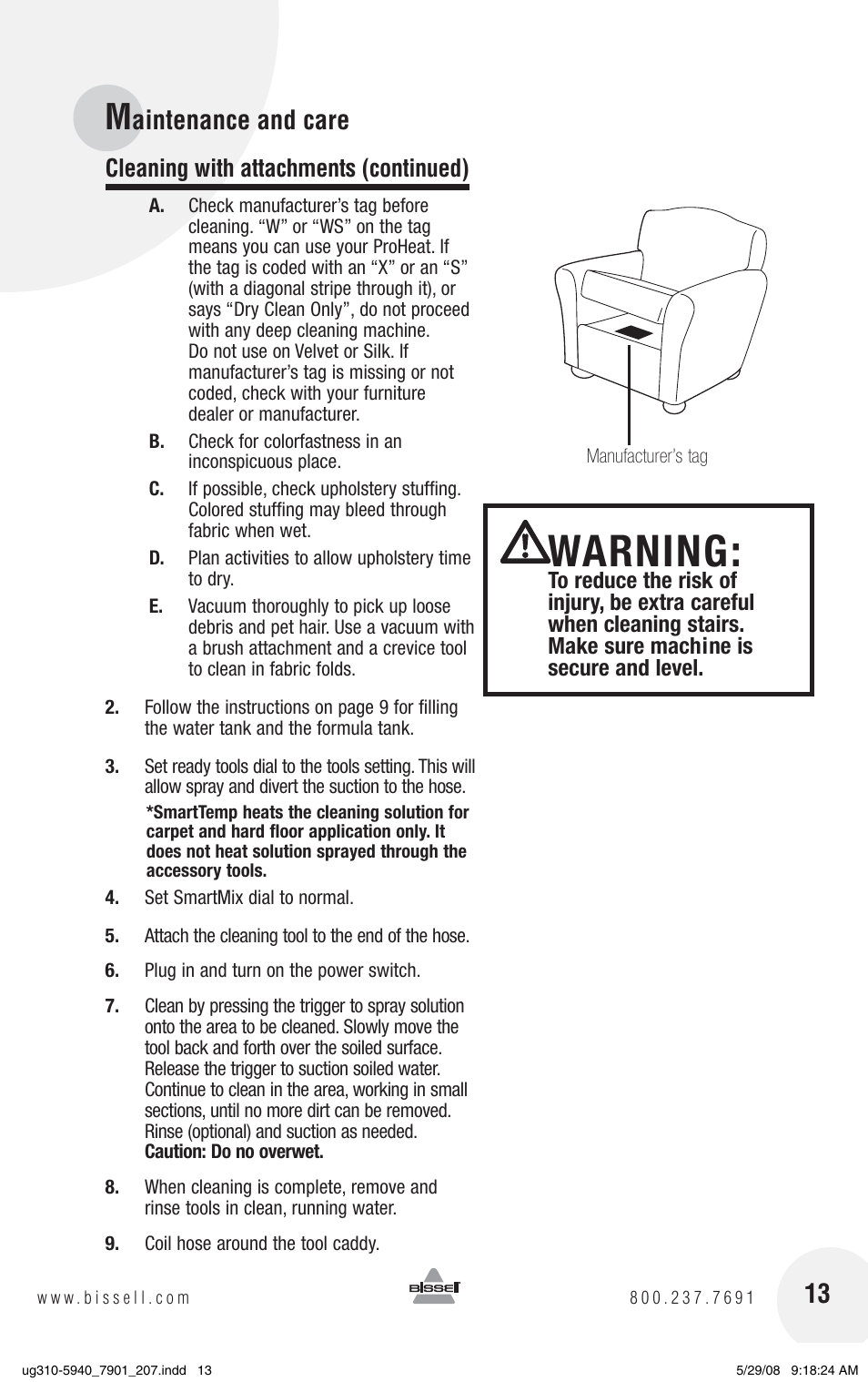 Warning, Aintenance and care, Cleaning with attachments (continued) | Bissell 8910 User Manual | Page 13 / 20