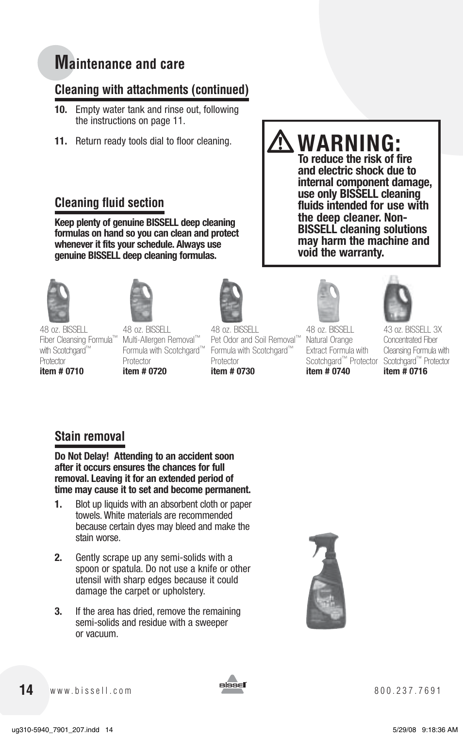 Warning, Aintenance and care, Cleaning with attachments (continued) | Stain removal | Bissell 8910 User Manual | Page 14 / 20