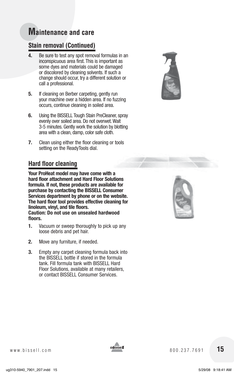 Aintenance and care, Stain removal (continued), Hard floor cleaning | Bissell 8910 User Manual | Page 15 / 20