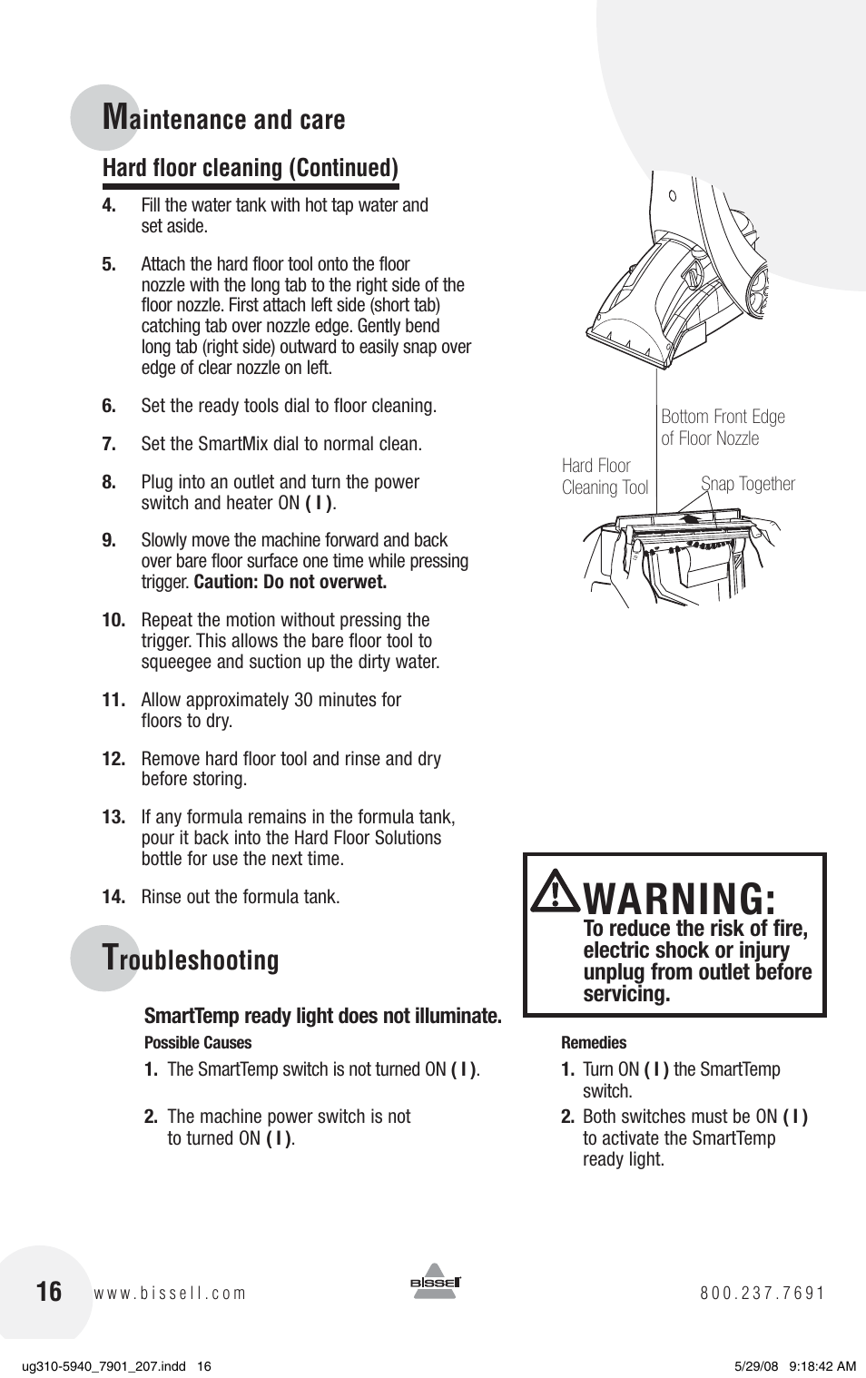 Warning, Aintenance and care, Roubleshooting | Hard floor cleaning (continued) | Bissell 8910 User Manual | Page 16 / 20