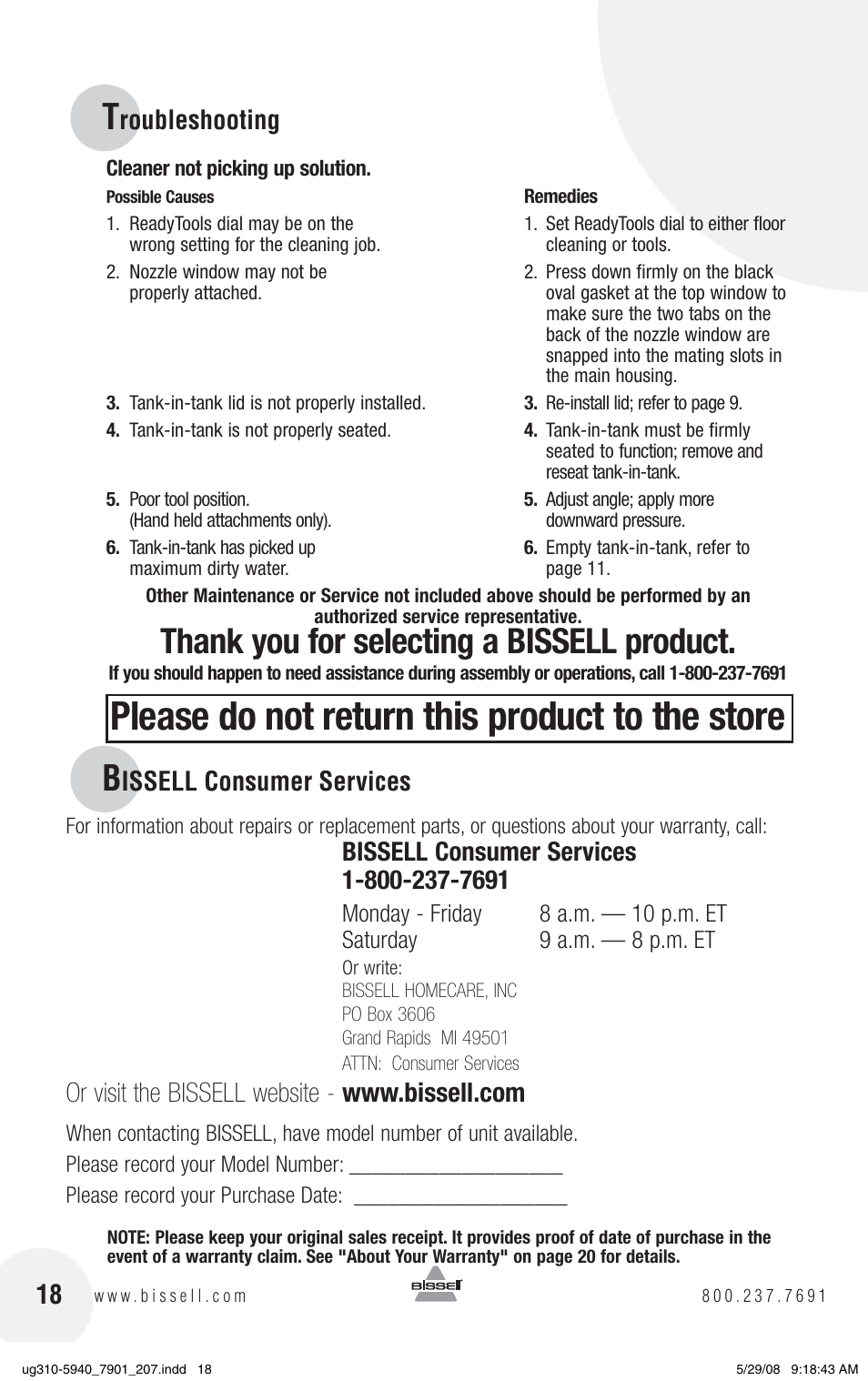 Please do not return this product to the store, Roubleshooting, Issell consumer services 18 | Bissell 8910 User Manual | Page 18 / 20