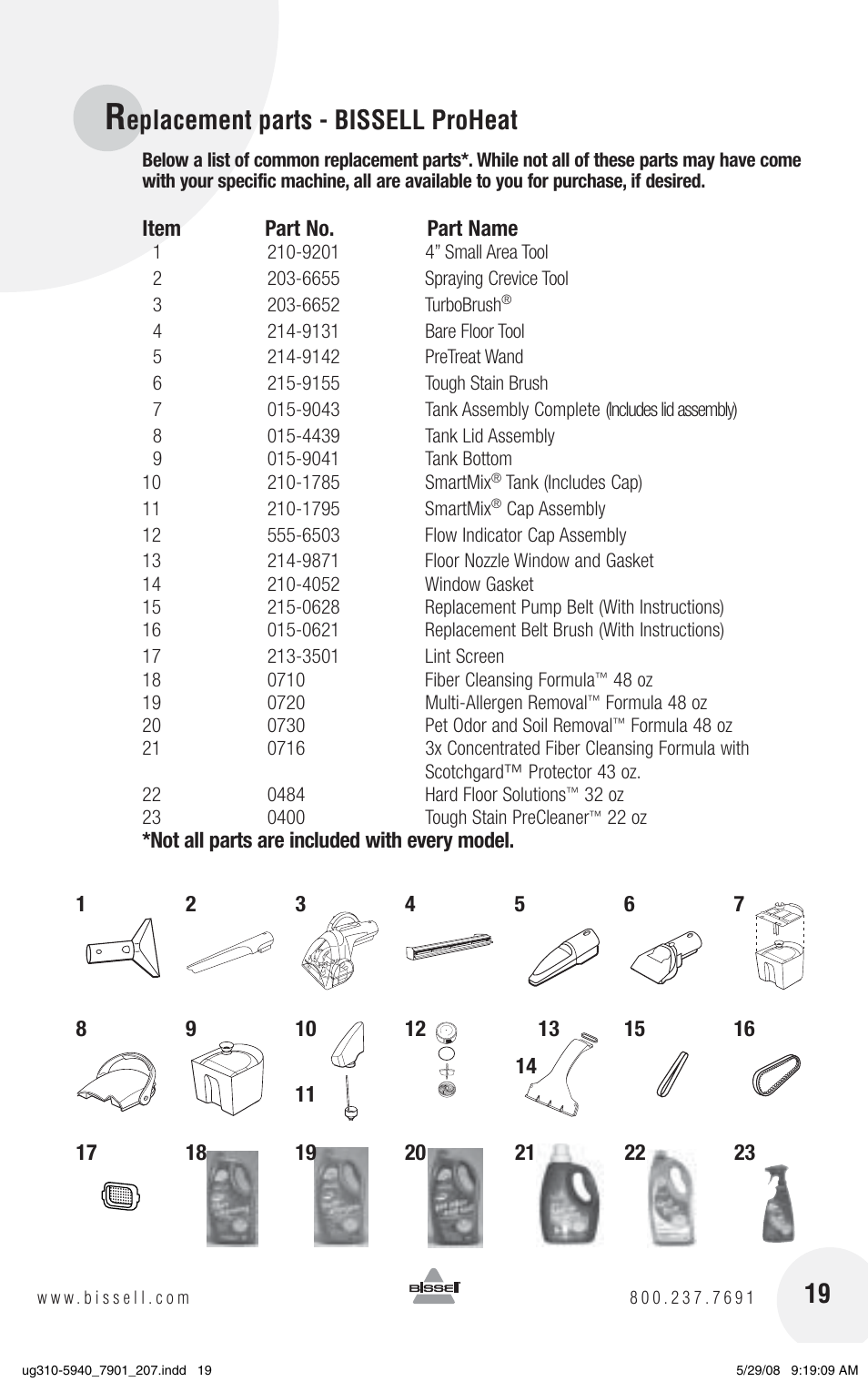 Eplacement parts - bissell proheat | Bissell 8910 User Manual | Page 19 / 20