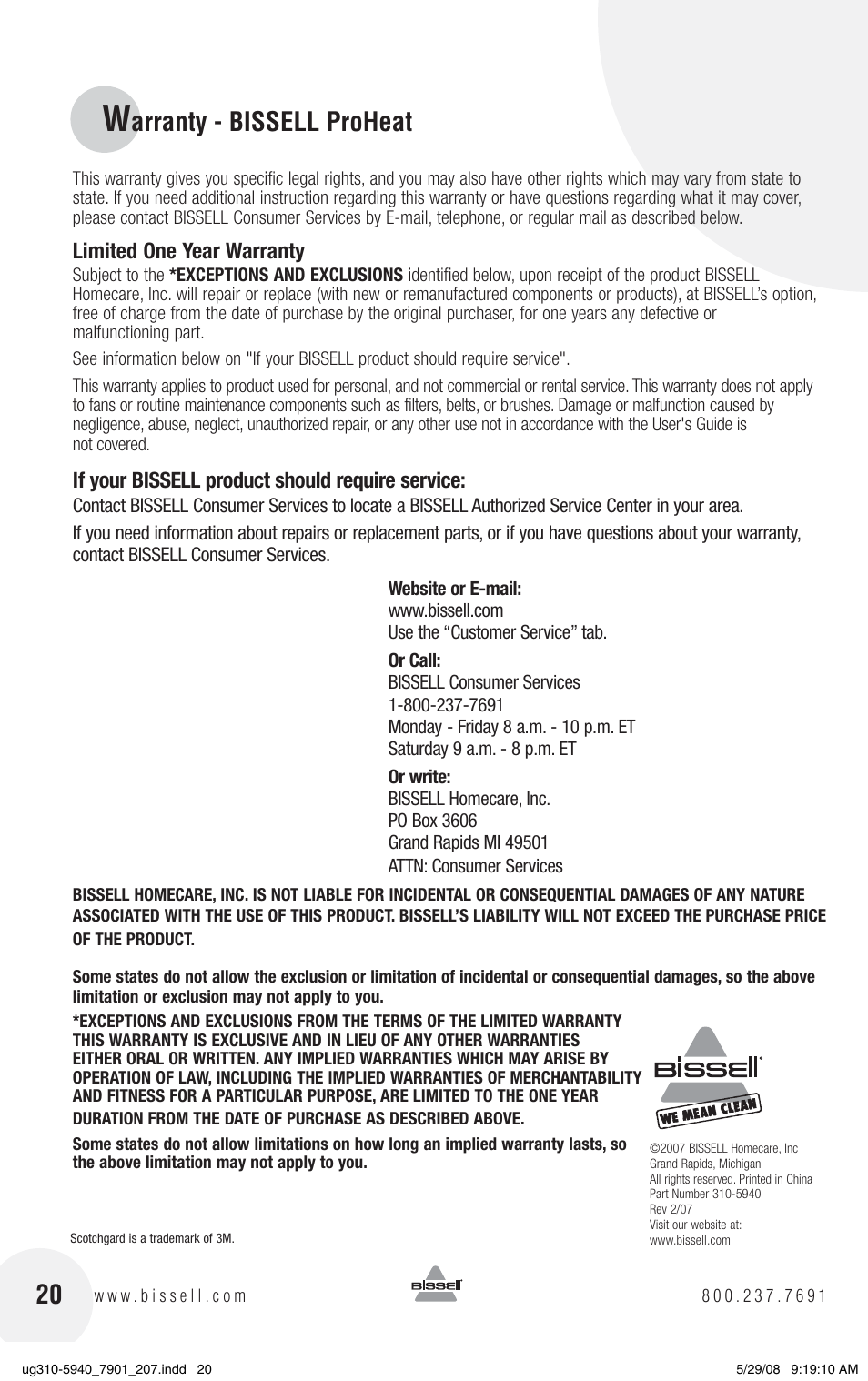 Arranty - bissell proheat | Bissell 8910 User Manual | Page 20 / 20