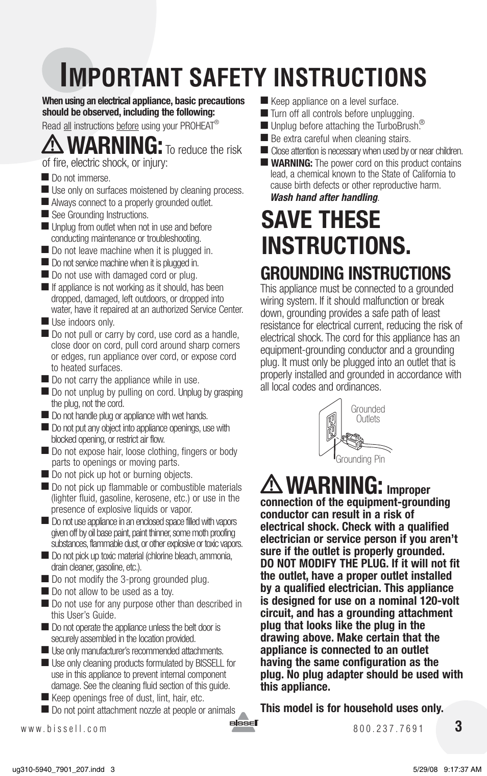 Mportant safety instructions, Warning, Save these instructions | Grounding instructions | Bissell 8910 User Manual | Page 3 / 20