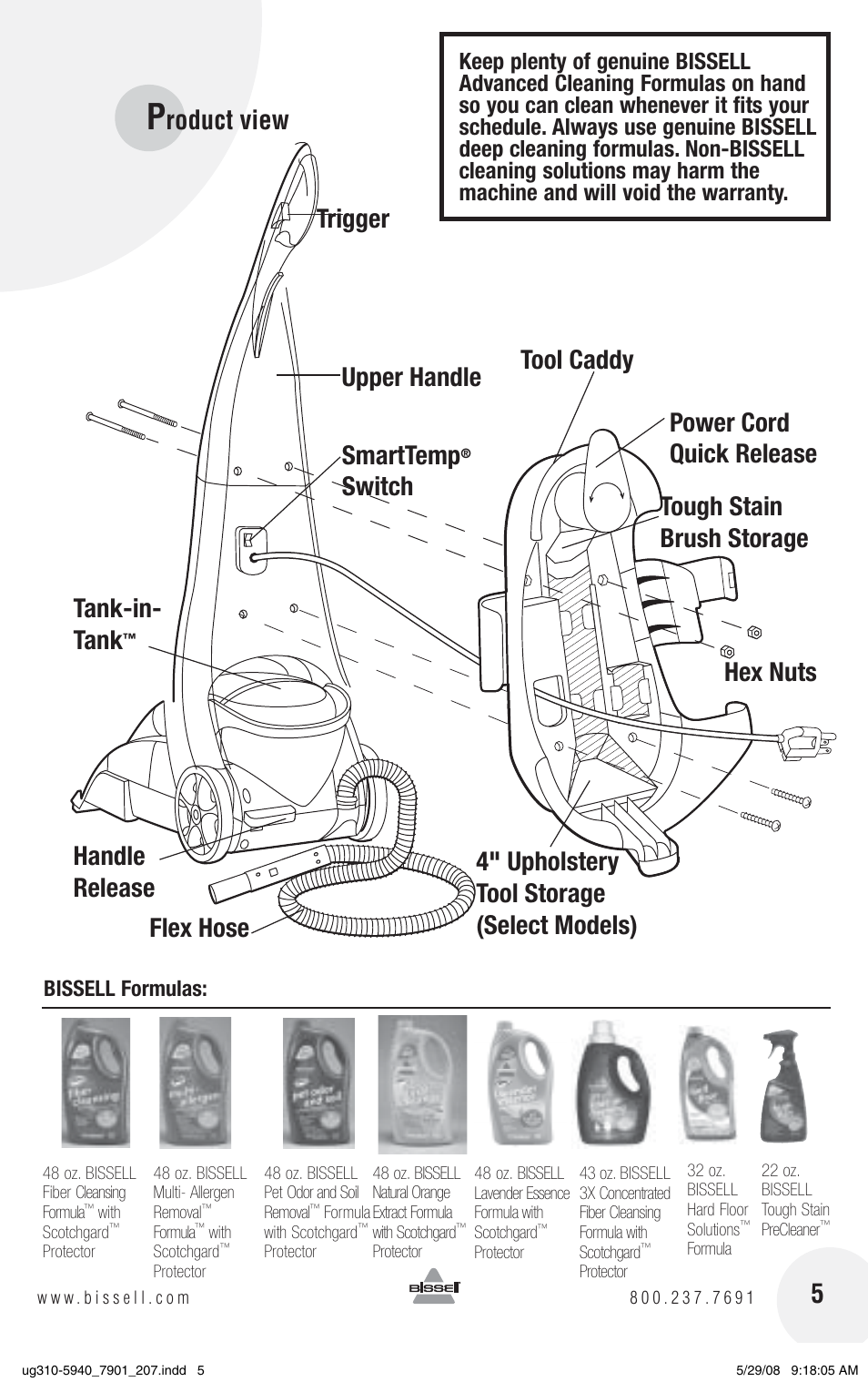 Trigger, Upper handle smarttemp, 4" upholstery tool storage (select models) | Roduct view | Bissell 8910 User Manual | Page 5 / 20