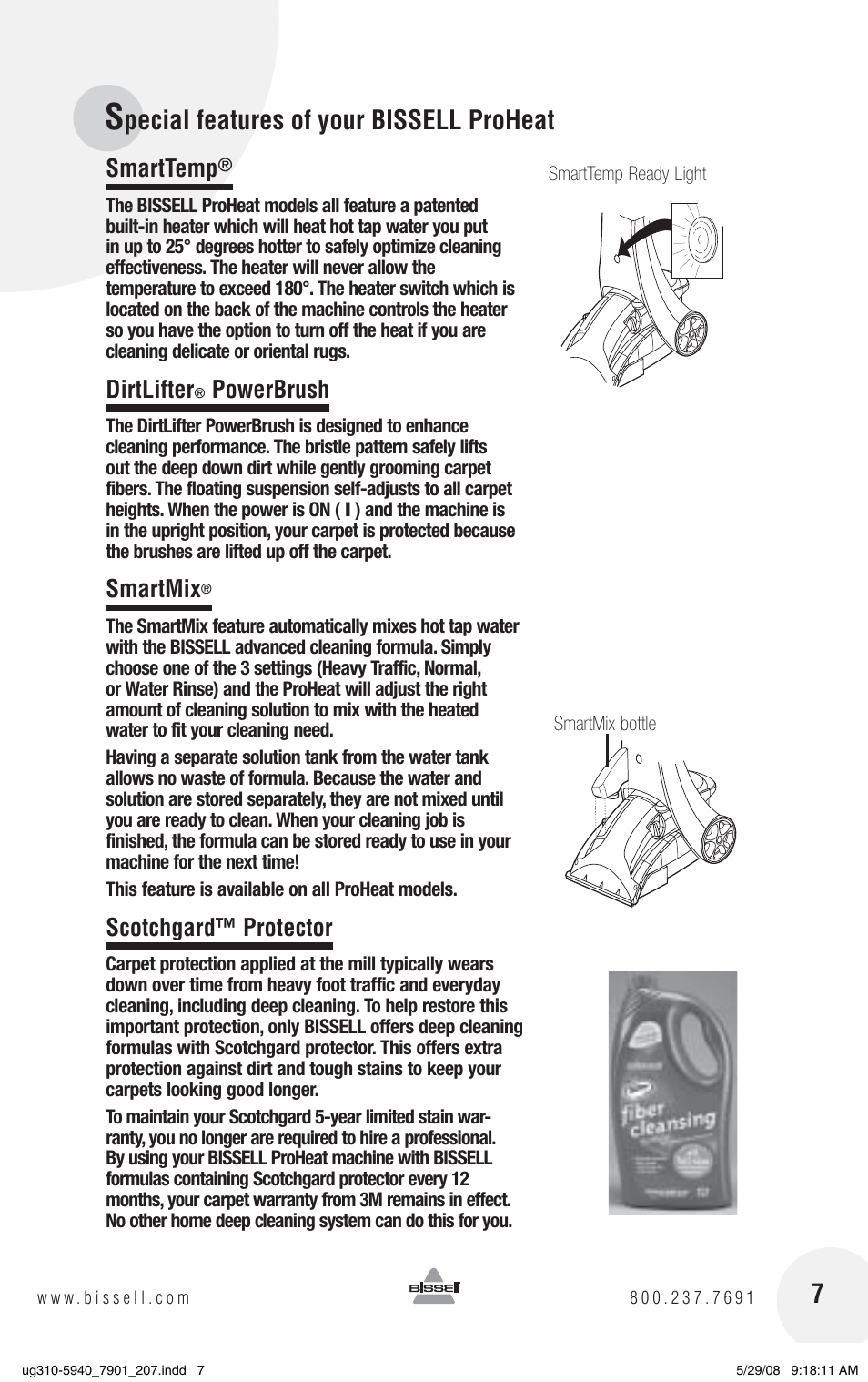 Pecial features of your bissell proheat 7, Smarttemp, Dirtlifter | Powerbrush, Smartmix, Scotchgard™ protector | Bissell 8910 User Manual | Page 7 / 20