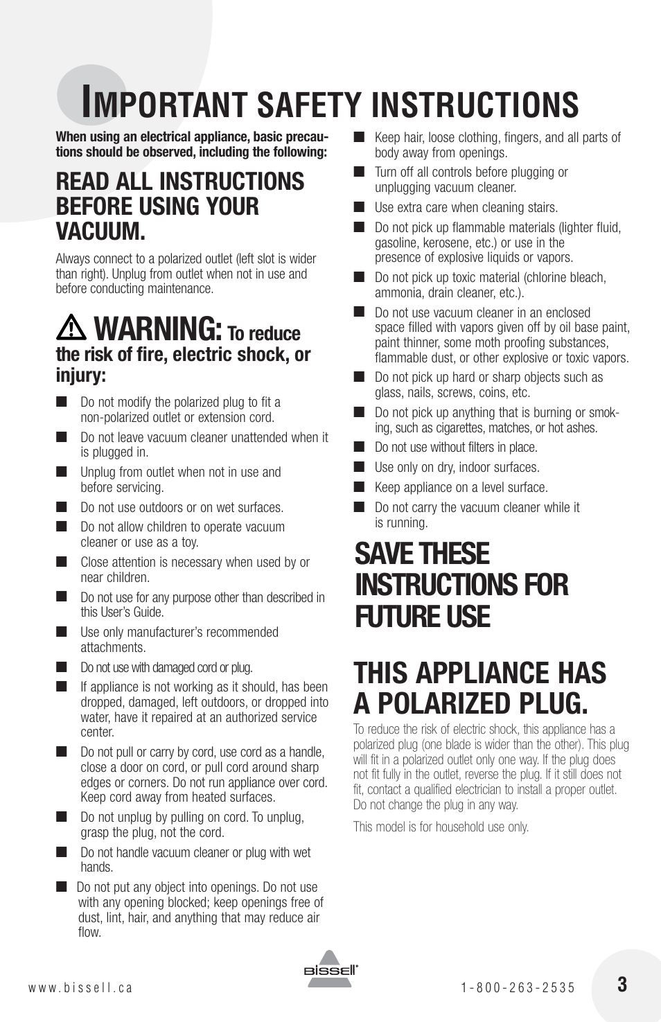 Mportant safety instructions, Warning, Save these instructions for future use | This appliance has a polarized plug, Read all instructions before using your vacuum | Bissell 38B1 User Manual | Page 3 / 8