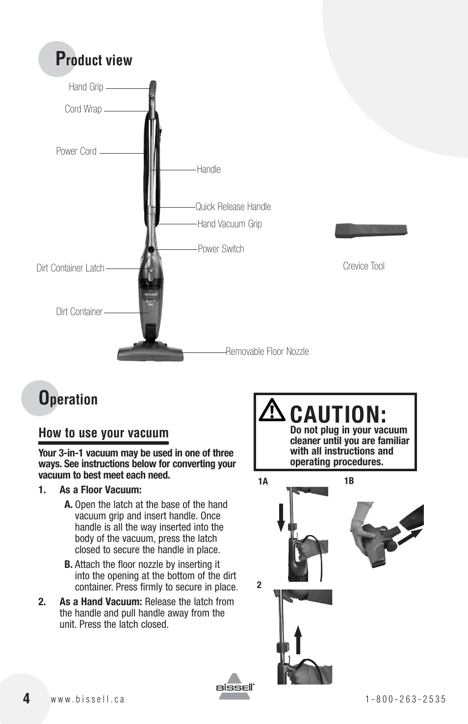 Caution, Peration, Roduct view | Bissell 38B1 User Manual | Page 4 / 8
