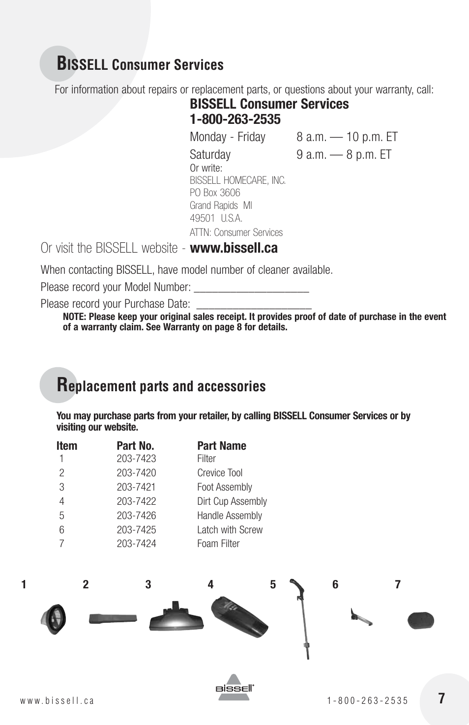 Issell consumer services, Eplacement parts and accessories | Bissell 38B1 User Manual | Page 7 / 8