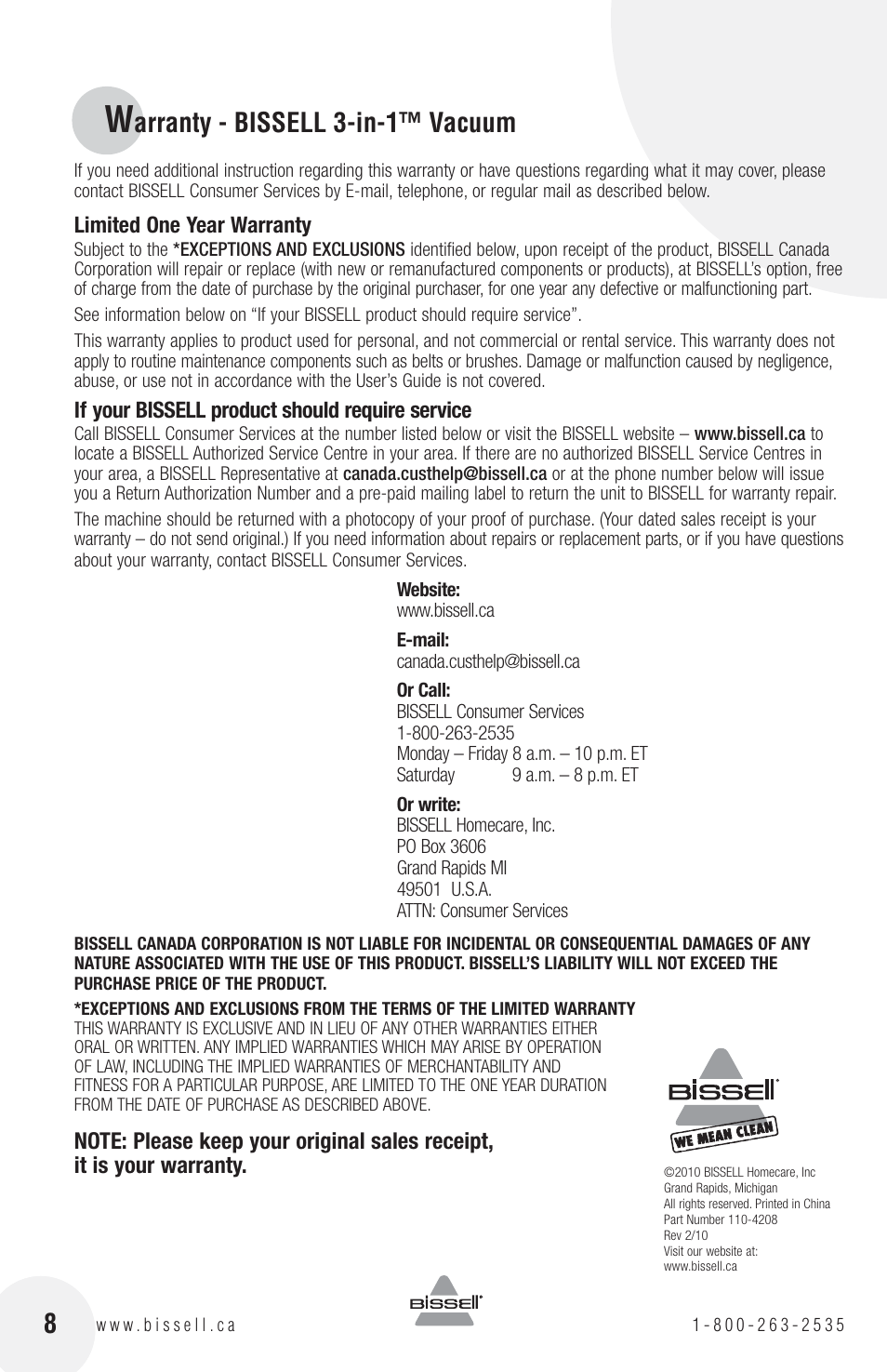 Arranty - bissell 3-in-1™ vacuum | Bissell 38B1 User Manual | Page 8 / 8