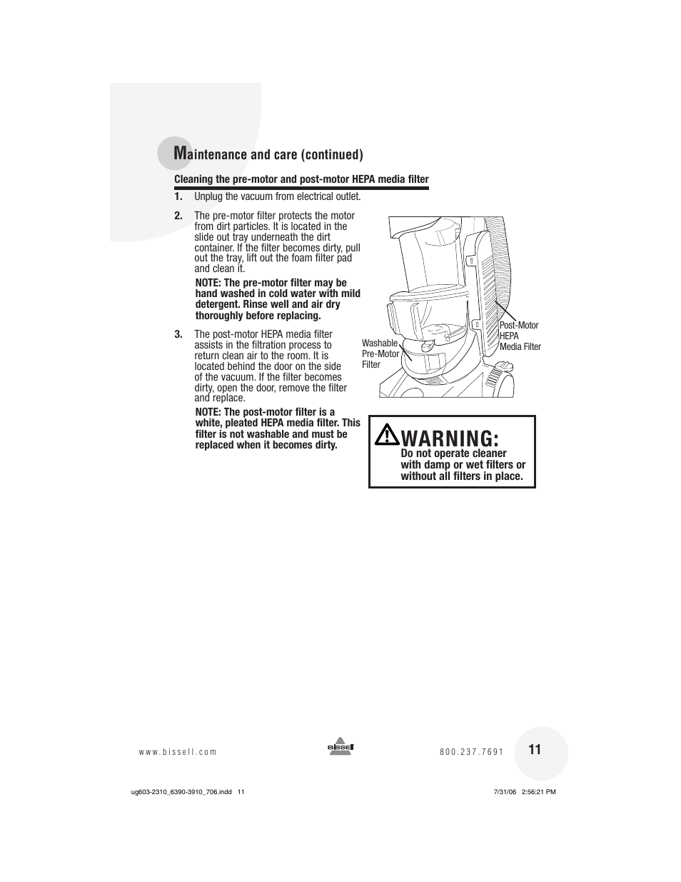 Warning | Bissell 3910 User Manual | Page 11 / 20