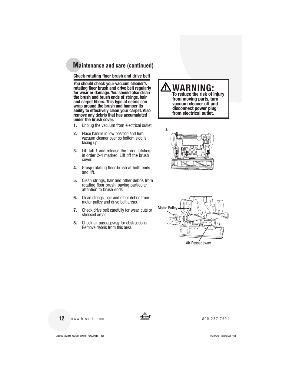 Warning, Aintenance and care (continued) 12 | Bissell 3910 User Manual | Page 12 / 20